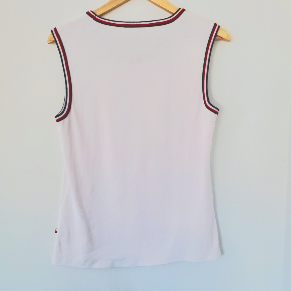 TOMMY HILFIGER Women L White Sleeveless Top Red White Blue Stripe Accent Preppy - Picture 5 of 12